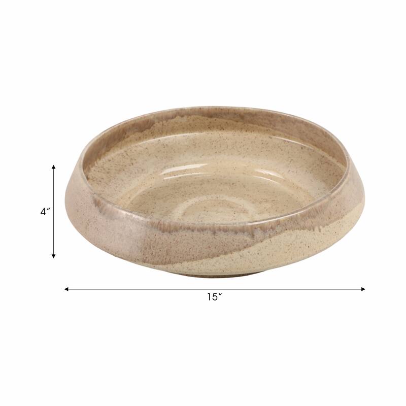 Decorative Round Glazed Pottery Bowl - 15", Brown - 15.0"