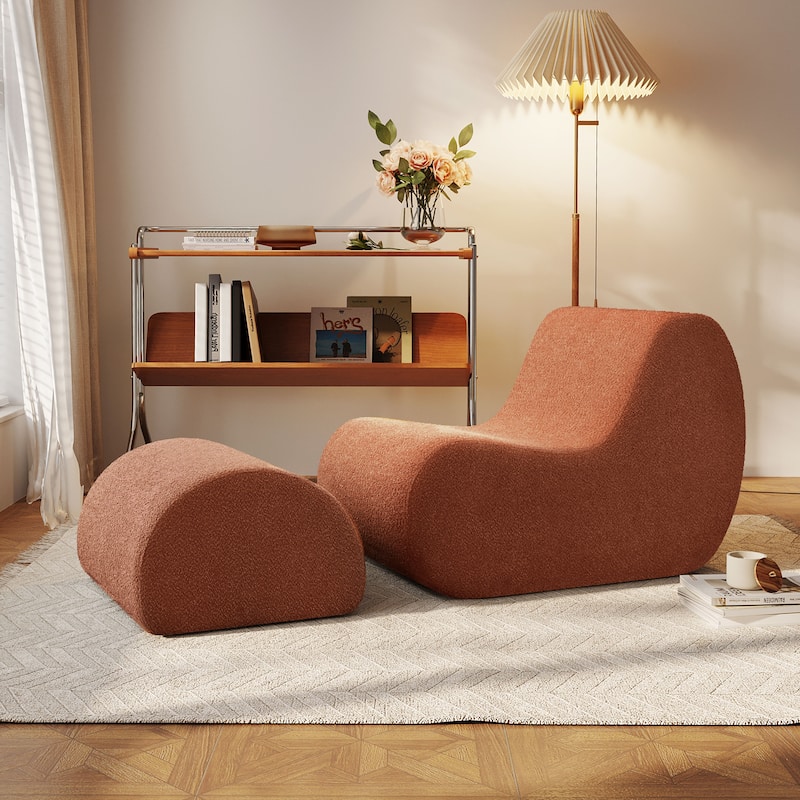 Elegant Accent Chair with Ottoman,Stylish Curved Design and Minimalist Lines, High-Resilience Foam for Luxurious Seating - Orange