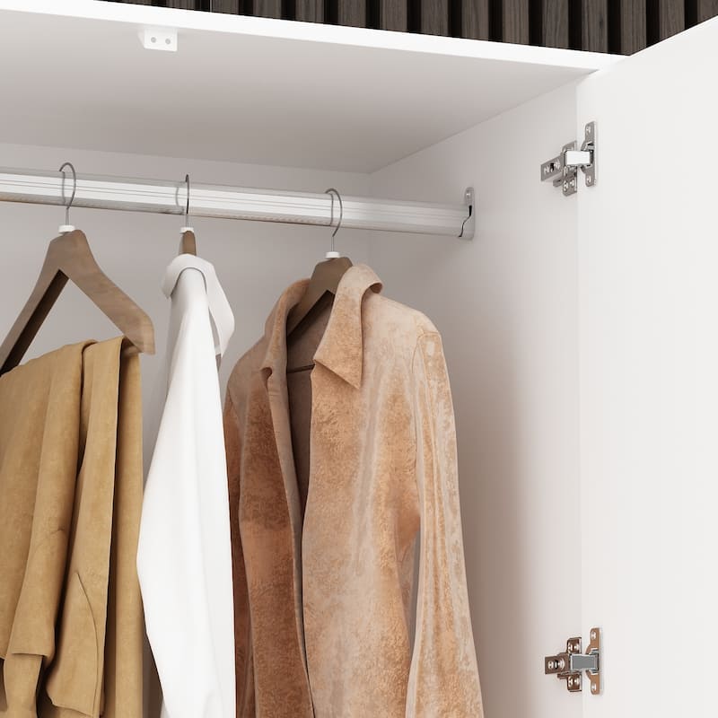 Modern Mirrored Wardrobe Armoire with Hanging Rod White Bedroom Storage Cabinet, Freestanding Closet Organizer