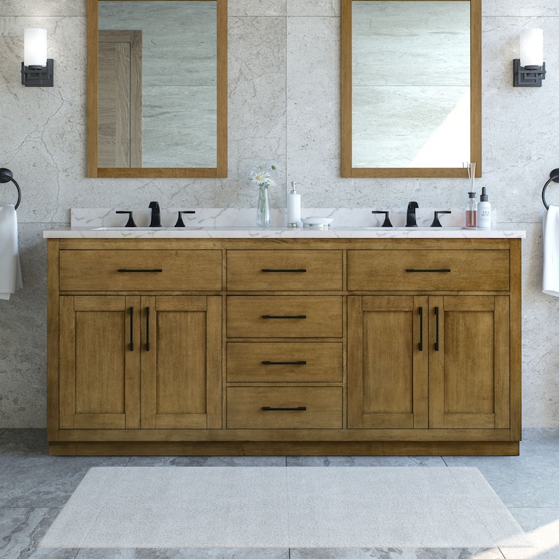 Athea Bathroom Vanity with White Engineered Marble Top - 72" - Almond Latte with Matte Black Hardware