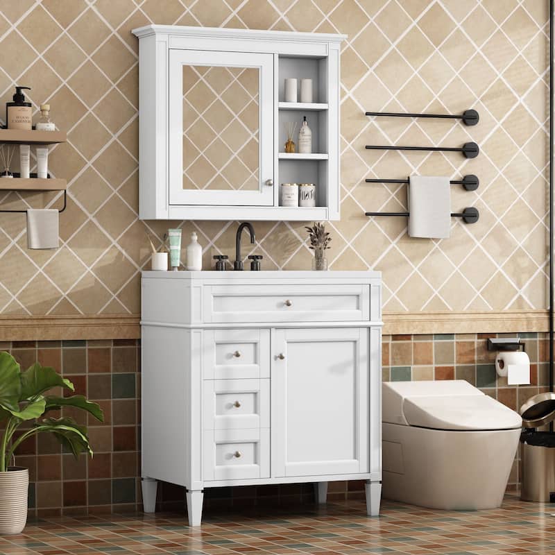 Modern 30" Bathroom Vanity Set with Mirror Cabinet, Ceramic Sink, 2 Drawers & Tip-Out Drawer for Storage
