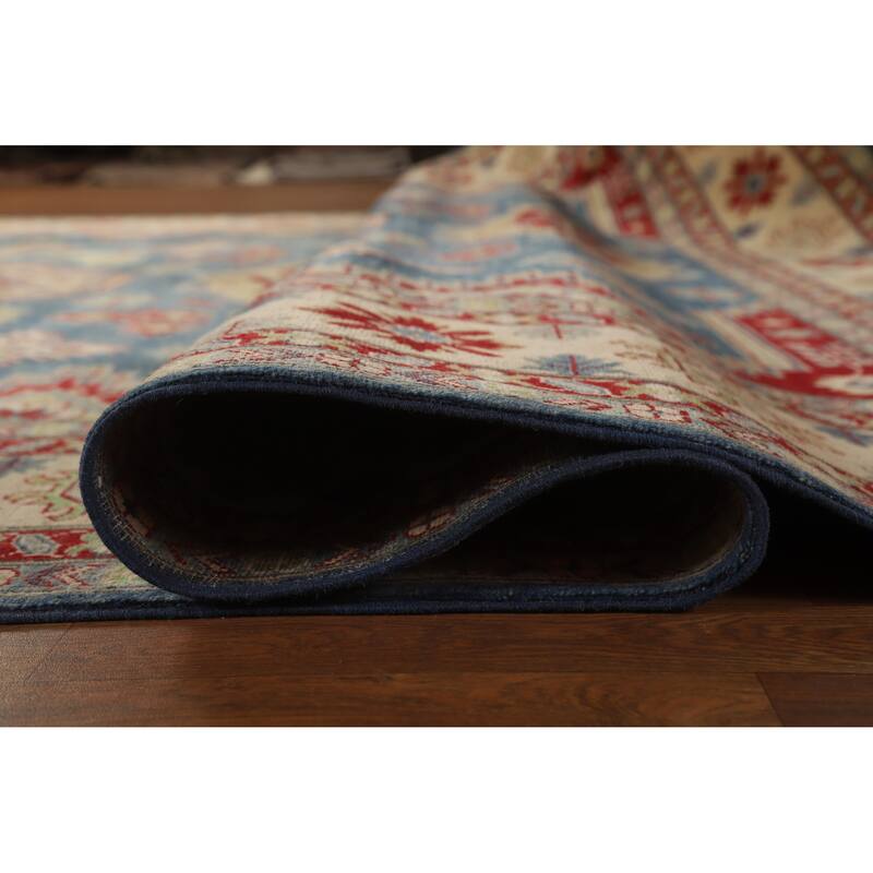 Hand Knotted Oriental 100% Wool Carpet Traditional Geometric Navy Blue & Blues Kazak Area Rug - 13' 7'' X 9' 10''