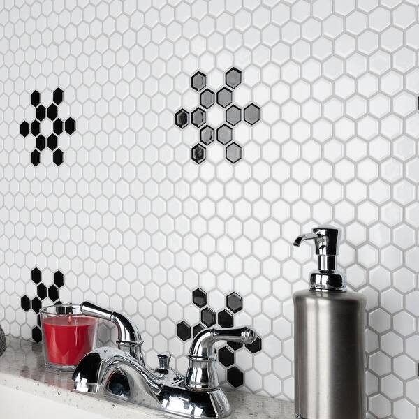 slide 1 of 12, Merola Tile Metro Hex Glossy White with Black Snowflake 10-1/4" x 11-7/8" Porcelain Mosaic Tile