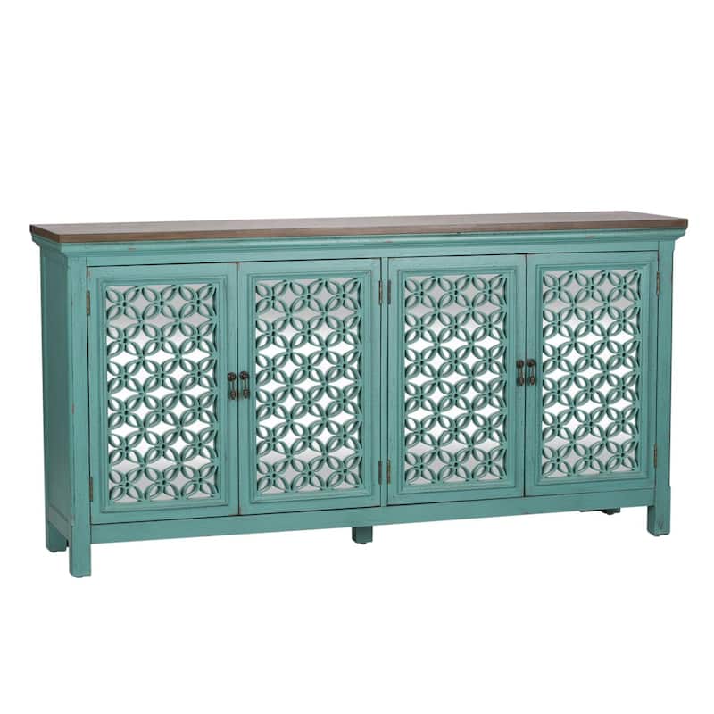 Kensington Turquoise W/ Worn Wood Tone Top 4 Door Accent Cabinet