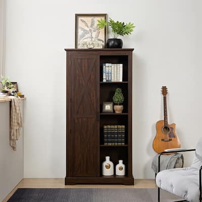 Tall Barn Door Kitchen Pantry Storage Cabinet with Adjustable Shelves for Kitchen and Living Room