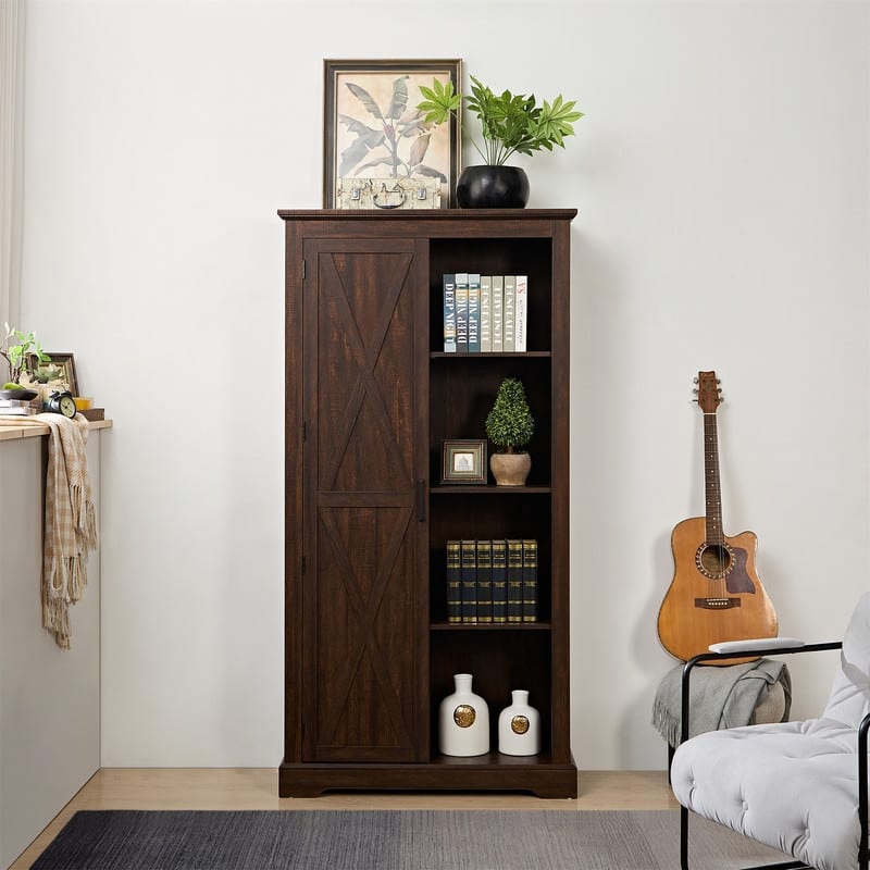 Tall Barn Door Kitchen Pantry Storage Cabinet with Adjustable Shelves - Espresso