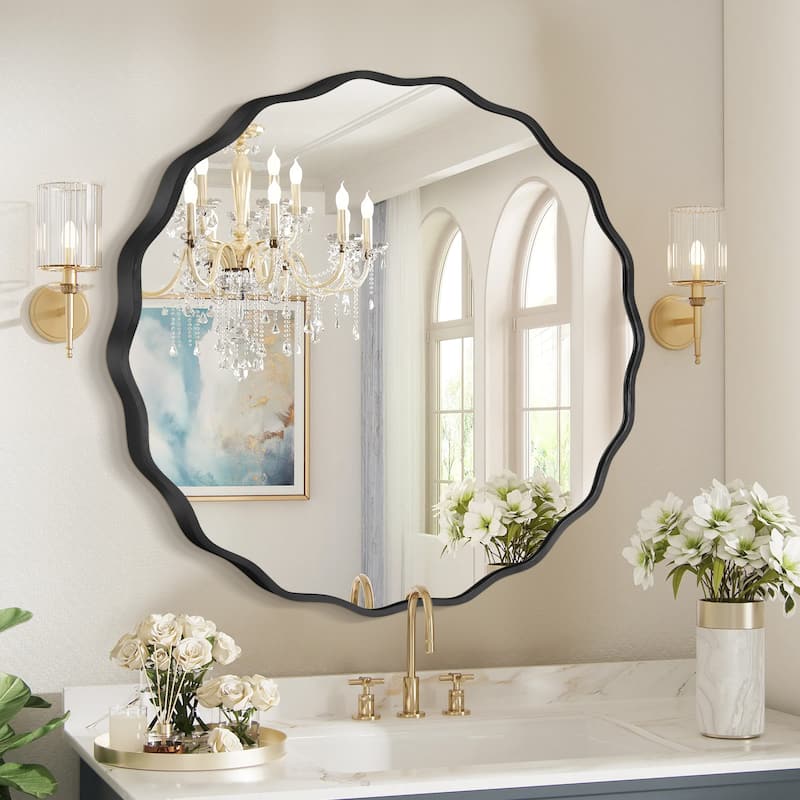 Decorative Aluminum Alloy Framed Wavy Round Wall Mirror Bathroom Vanity Mirror - 23.5x23.5 - Black