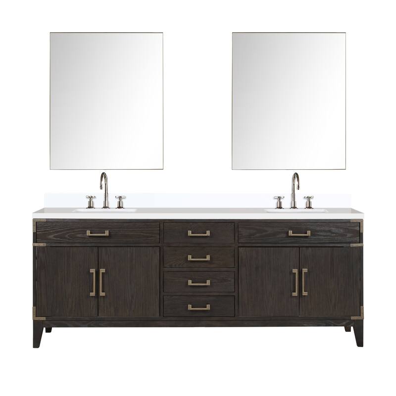 Laurel 60 in W x 22 in D Black Oak Double Bath Vanity, White Quartz Top, Faucet Set, and 28 in Mirrors