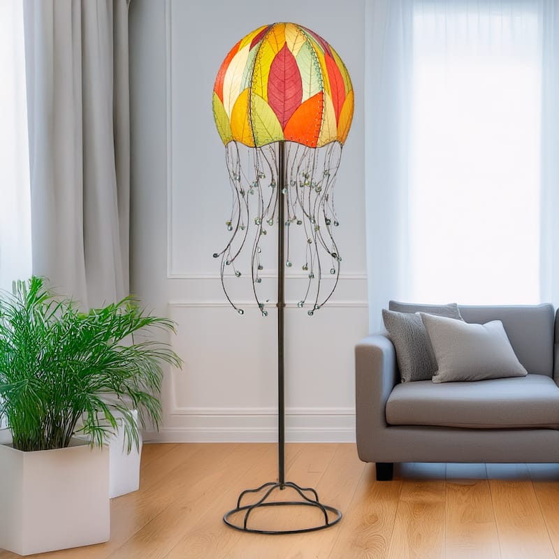 Handmade Jellyfish Large Floor Lamp, Cocoa Leaves Shade, 15 x 15 x 64 in. - multi