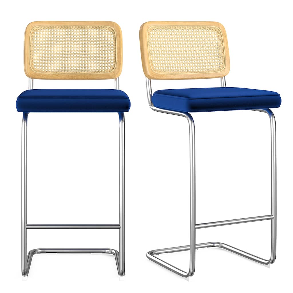 Counter Height Bar Stools Set of 2, Upholstered Velvet Barstools with Rattan Back, 30 inch Stools Armless Bar Chairs