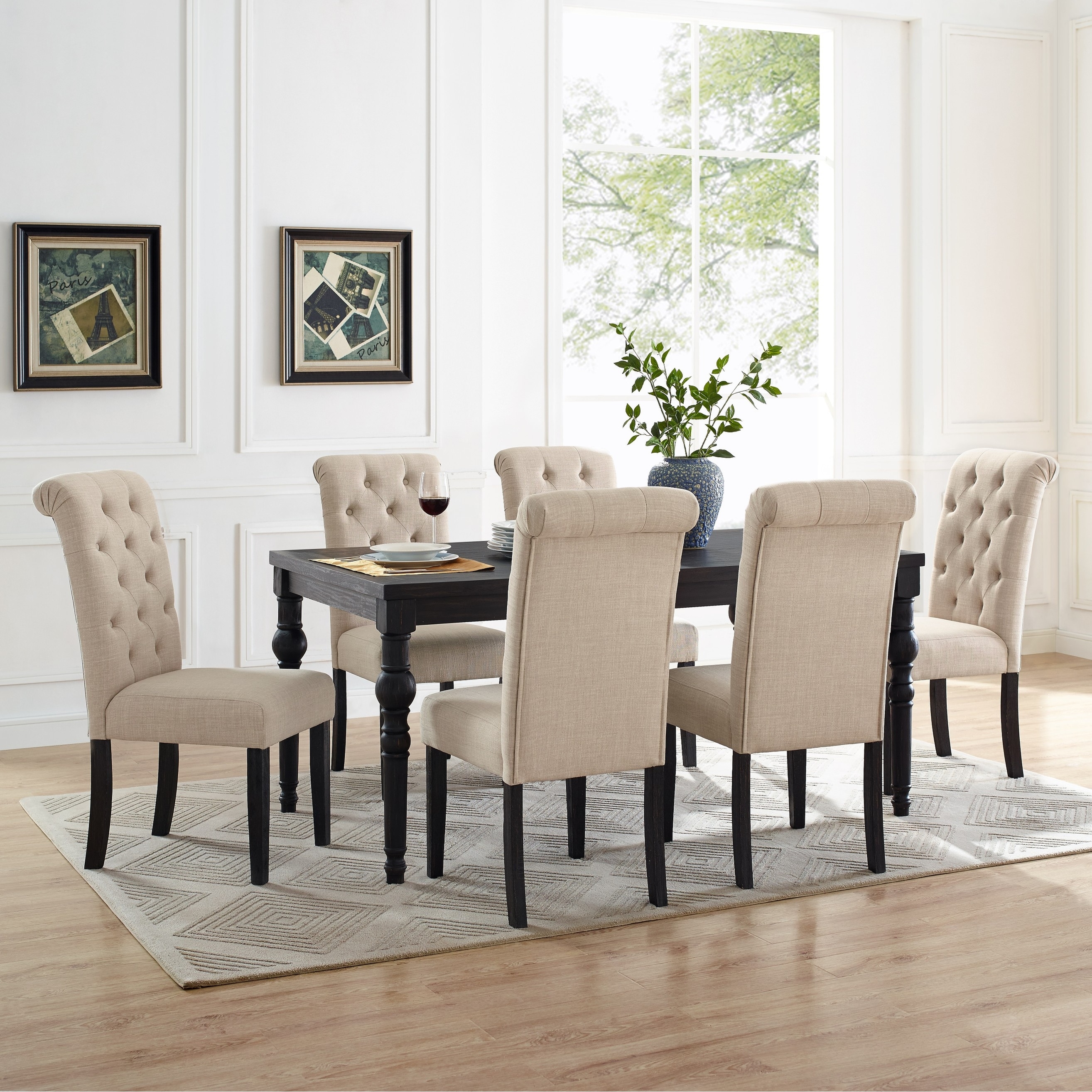 Retro Rectangular Dining Table with Wooden Legs, Upholstered Back Chairs, Black Beige Home Office Table and Chair Set