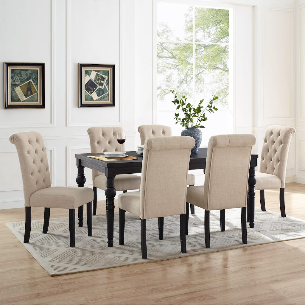 Retro Rectangular Dining Table with Wooden Legs, Upholstered Back Chairs, Black Beige Home Office Table and Chair Set