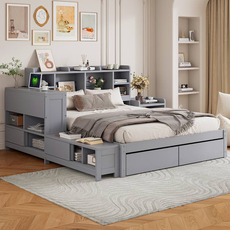 Gray Full Size Platform Bed with Integrated Desk, Nightstand, Storage Drawers & USB Ports - Multi-functional Design