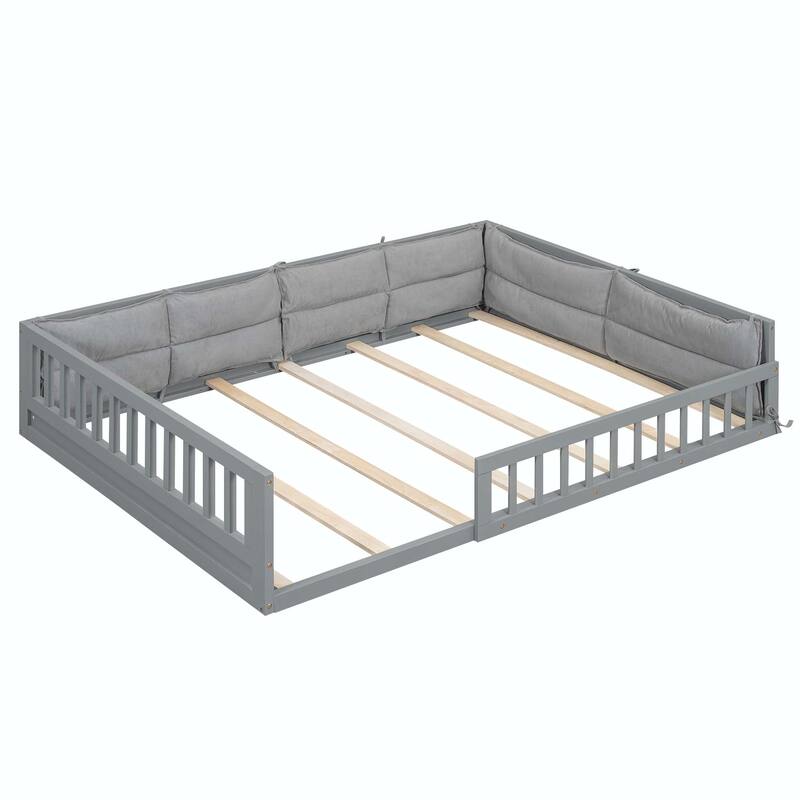 Wood Upholstered Platform Bed with Guardrail and Pillow