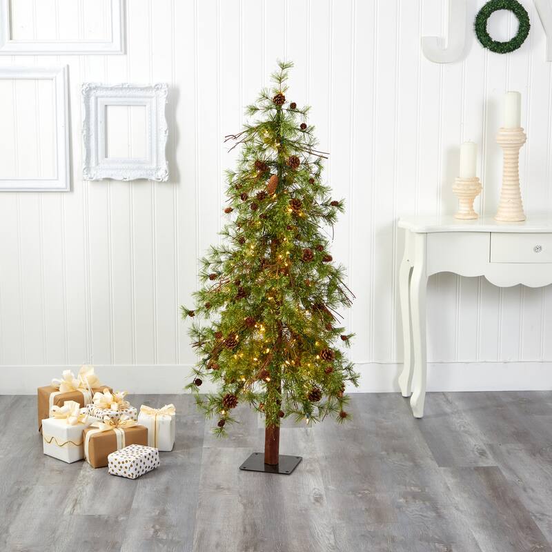 5ft. Alpine Artificial Christmas Tree with 100 Clear Multifunction LED Lights & Pine Cones on Trunk - Holiday X-Mas Accent