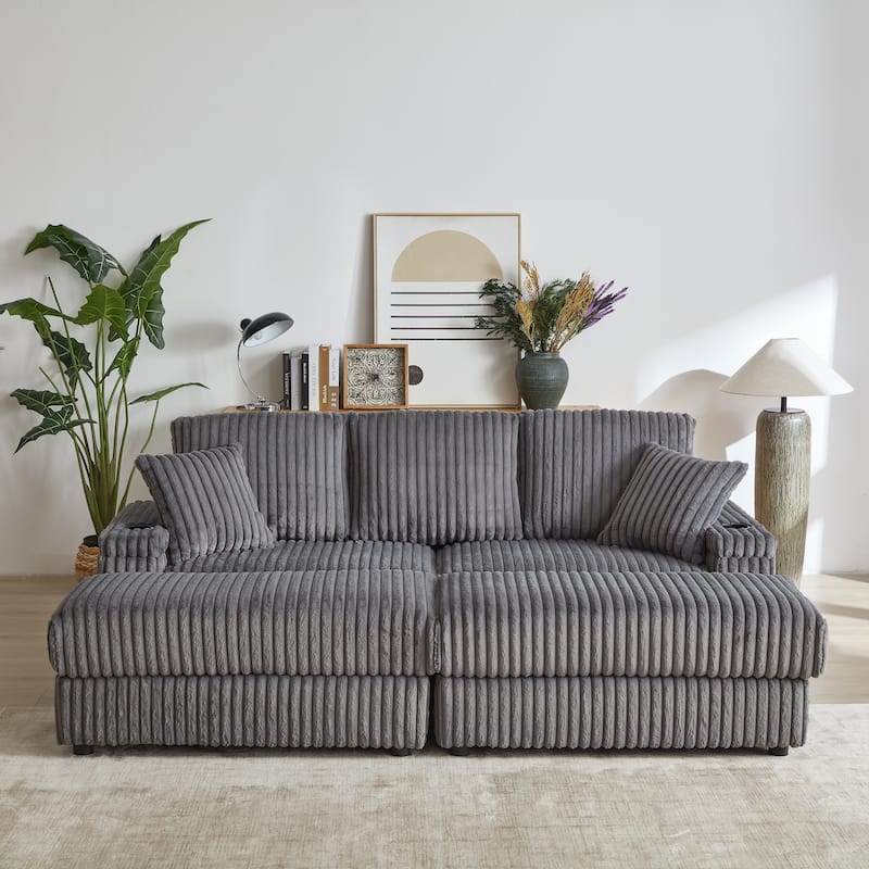 Anmytek 84 Inch Black Corduroy 3-Seater Deep Seat Sofa with Ottoman Storage Cup Holders and Pillows