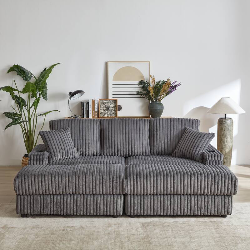 Deep Seat Sectional Loveseat Set with 2 Ottoman and 2 Pillows, Corduroy Chaise Lounge Bed with 2 Storage Spaces and Cupholding