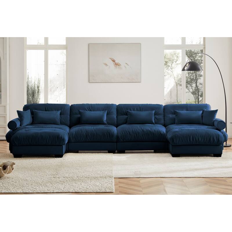 Modern Sectional Couch Comfortable Upholstered Sofa Set with Lumbar Pillow and Throw Pillow for Living Room - 4 Seats + 2 Ottoman - Blue
