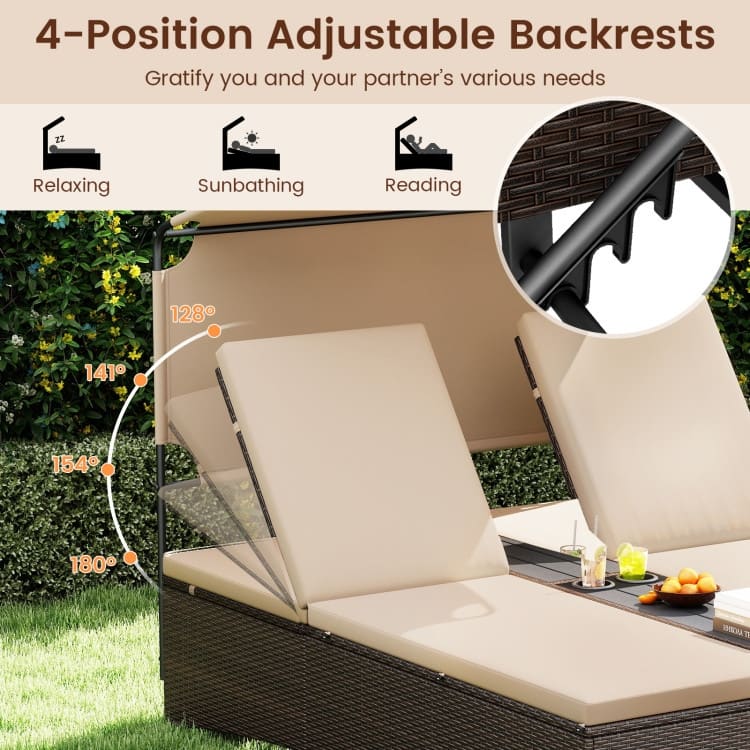 Mix Brown PE Rattan Outdoor Daybed with Cushions and Adjustable Canopy - 75.5" × 59" × 61"