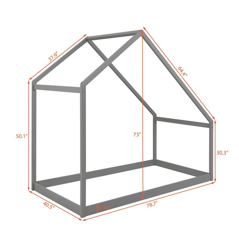 Twin Size Gray Wooden House Bed for Kids