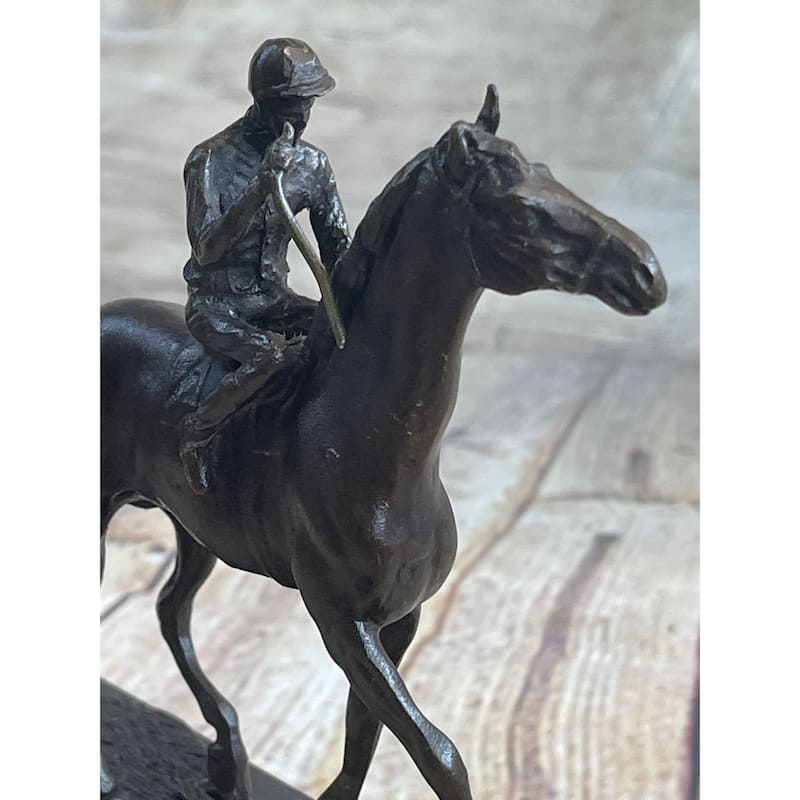 Miniature Jockey On Horse Equestrian Bronze Statue Sculpture Figurine Decor Marble Base 6 Inches X 6 Inches