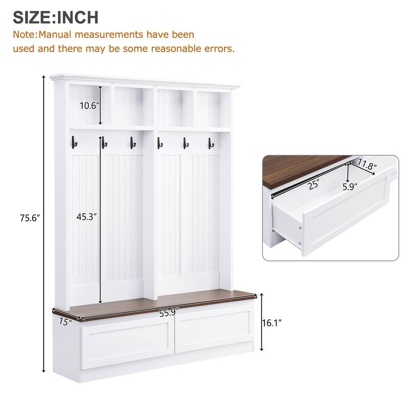 Farmhouse 4-in-1 Hall Tree with Bench, 2 Drawers & Coat Rack for Entryway