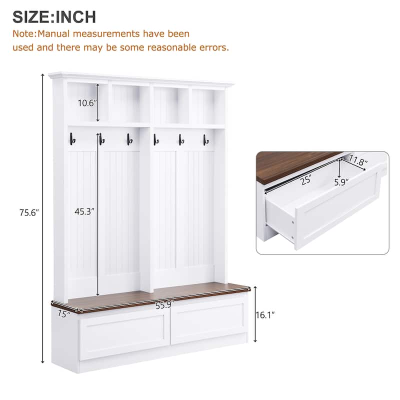 Farmhouse Style 4-in-1 Hall Tree – Wood Grain Bench with Coat Rack & 2 Large Drawers – Mudroom & Entryway Organizer‌