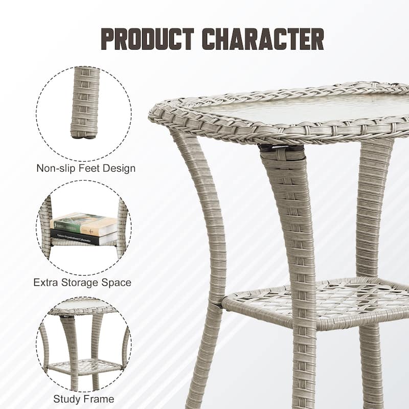 Stylish Outdoor Wicker side Table with Glass Top