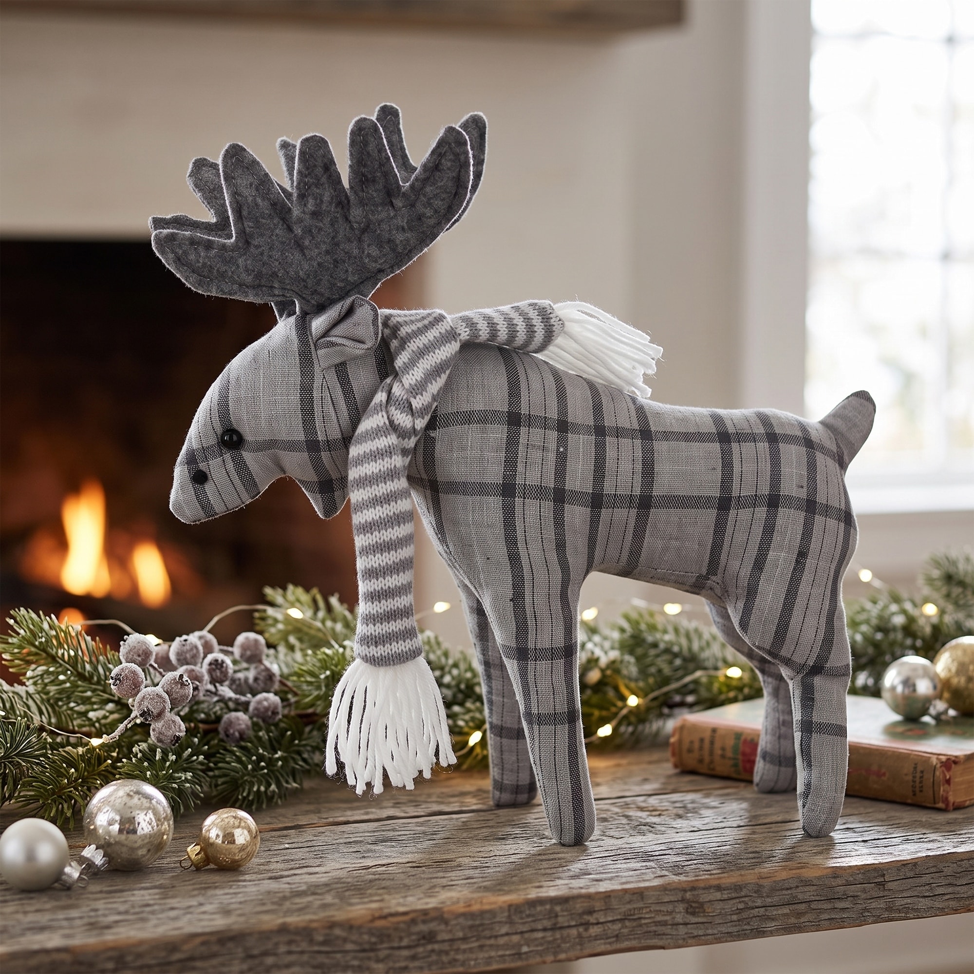 Checkered Moose with Striped Scarf Christmas Figure - 10" - Gray