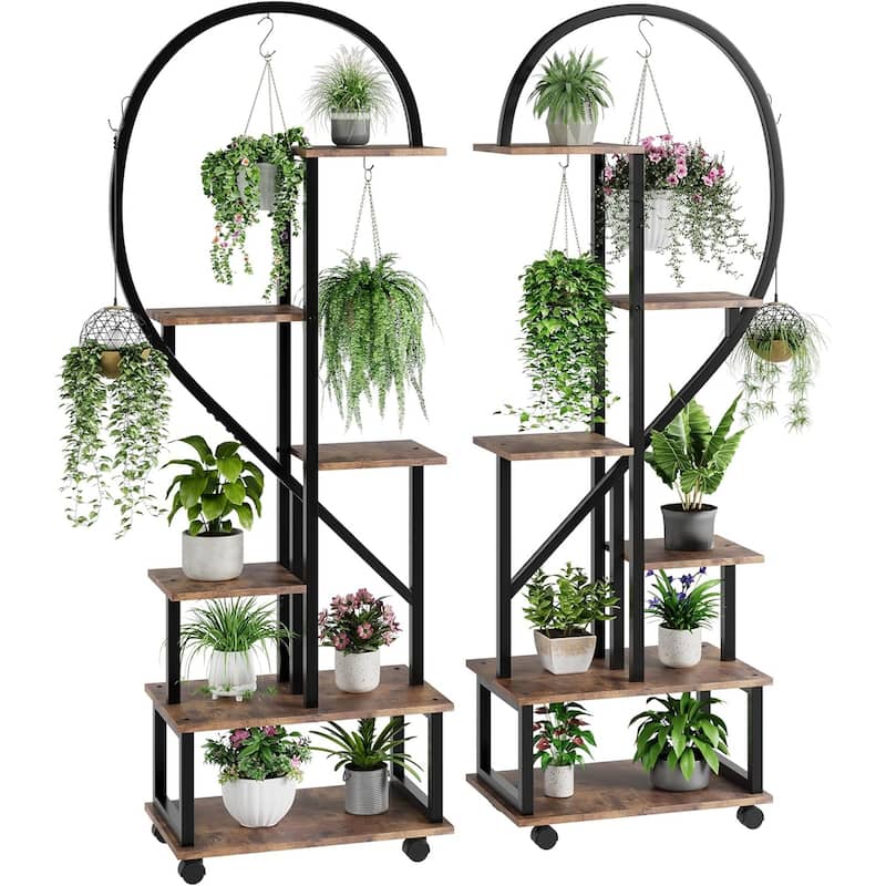 6 Tier Tall Plant Stand Metal Indoor Plant Stand with Detachable Wheels Half Heart Shape Plant Stands - Brown