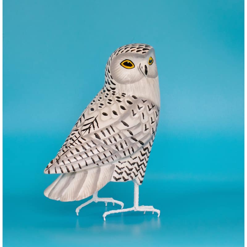 Wood Snowy Owl Figurine - Hand Carved Bird Sculpture, White Owl Wildlife Decor - 8" tall x 6" wide x 3.5" deep