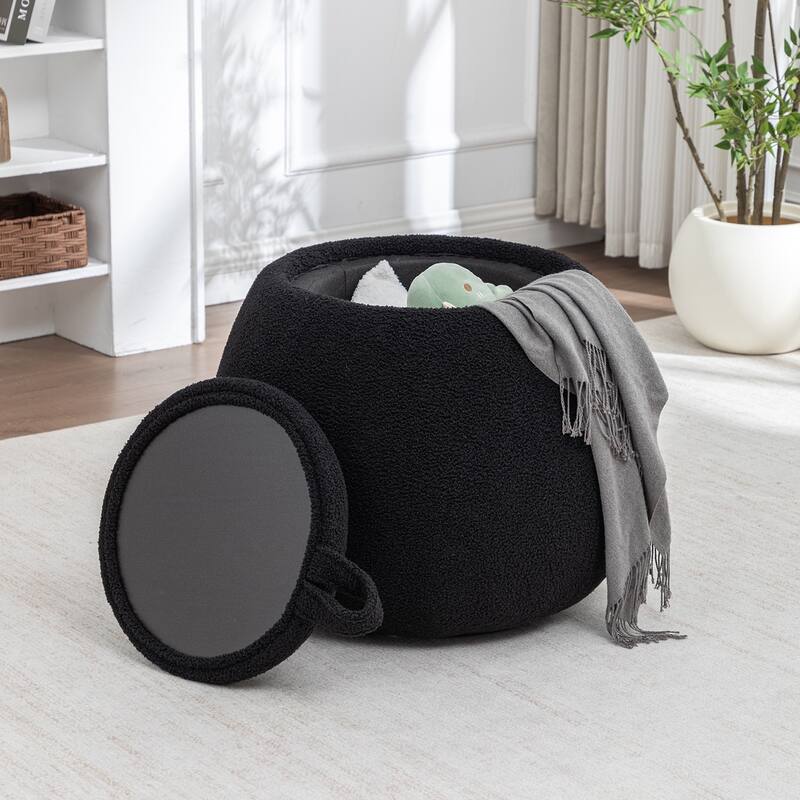 SEYNAR 25" Faux Sherpa Round Storage Ottoman - Large Cozy Bouclé Footrest Stool