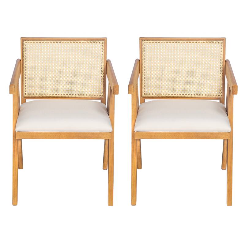 Farmhouse Rattan Dining Chairs Set of 2, Upholstered Armchairs with Backrest, Kitchen Side Chairs with Solid Wood Frame