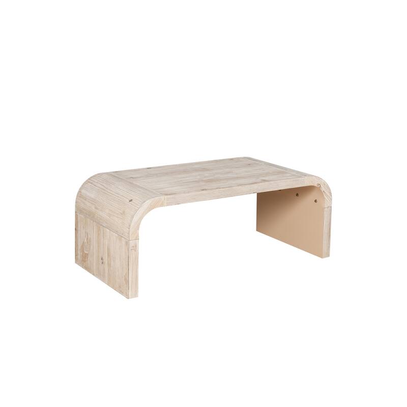 Roomfitters 48" Coffee Table, Curved Art Deco Center Table, Farmhouse Wood Cocktail Table, Natural Wood Washed