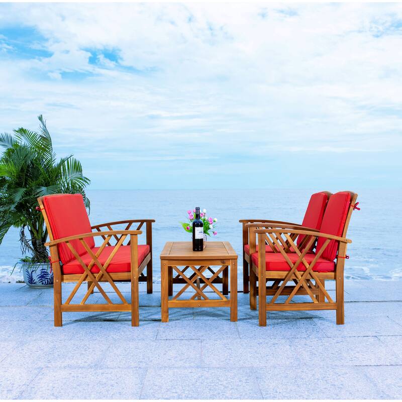 SAFAVIEH Outdoor Fontana 4-piece Acacia Wood Patio Conversation Set - Natural/Red