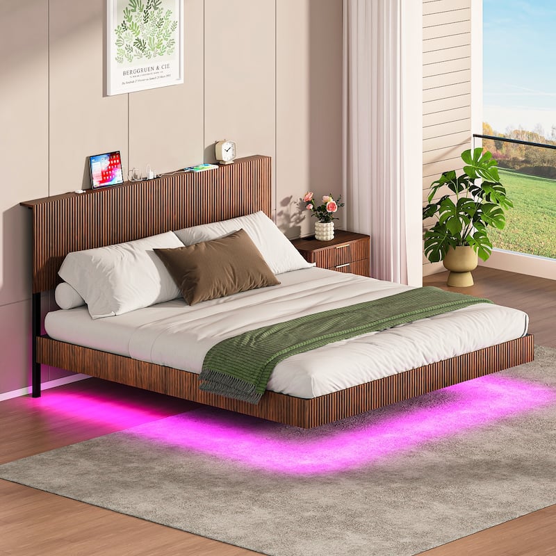 King Wavy Platform Bed Frame, Headboard with Charging Station/Modern Floating Bed with LED Light Strip/Metal Structural Support