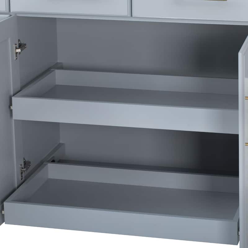 Rolling Kitchen Island Cart with 2 Pull Out Cabinet Organizers, Drop Leaf, Trash Can Storage, Power Outlet, Spice, Towel Rack