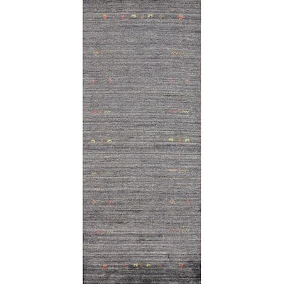 Hand Knotted Oriental Viscose Silk Carpet Tribal Animal Pictorial Greys & Charcoal Gabbeh Runner Rug - 11' 9'' X 4' 1''