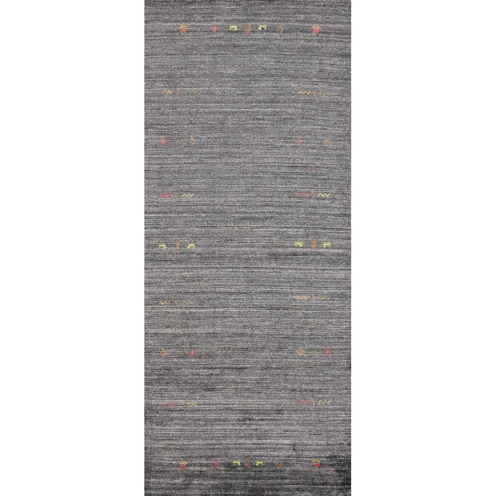 Hand Knotted Oriental Viscose Silk Carpet Tribal Animal Pictorial Greys & Charcoal Gabbeh Runner Rug - 11' 9'' X 4' 1''