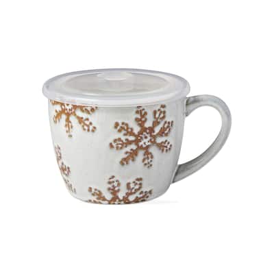 Winter Snowflake Soup Mug Stoneware With Plastic Steam-Release Lid