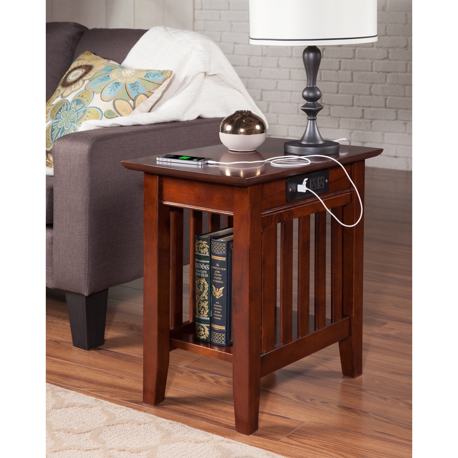 End table top with charging station