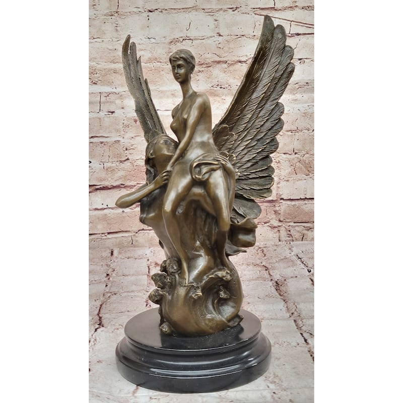 Romantic Bronze Angel Sculpture – Embrace Of Two Winged Figures On Marble Base