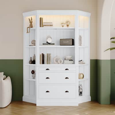 83.4" Tall LED Bookshelf Bookcase Set with 2 Corner Shelf, 3 Drawers