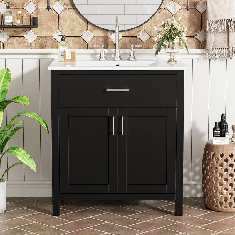 GDFStudio - Opal Traditional 30" Bathroom Vanity with Ceramic Sink & Ample Storage for Small Bathrooms - Black