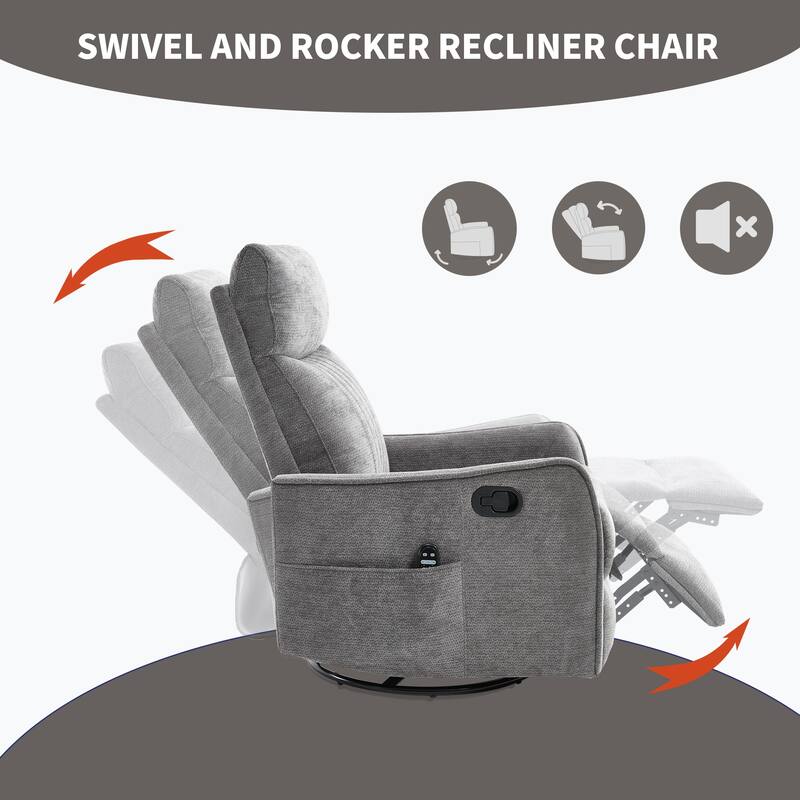 Swivel Recliner Chair with Heat & Massage, Heavy Duty Manual Recliner Chair, Glider Rocker Chair with Side Pocket