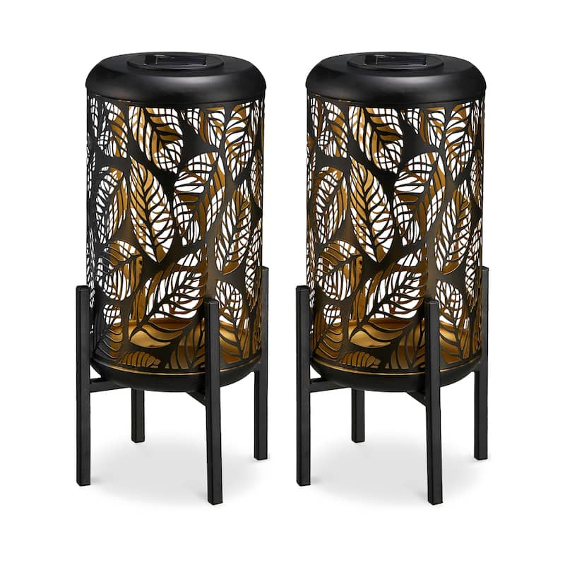 Glitzhome 14"H Outdoor Metal Cutout Flower/Leaves Solar Light Standing Lanterns Waterproof