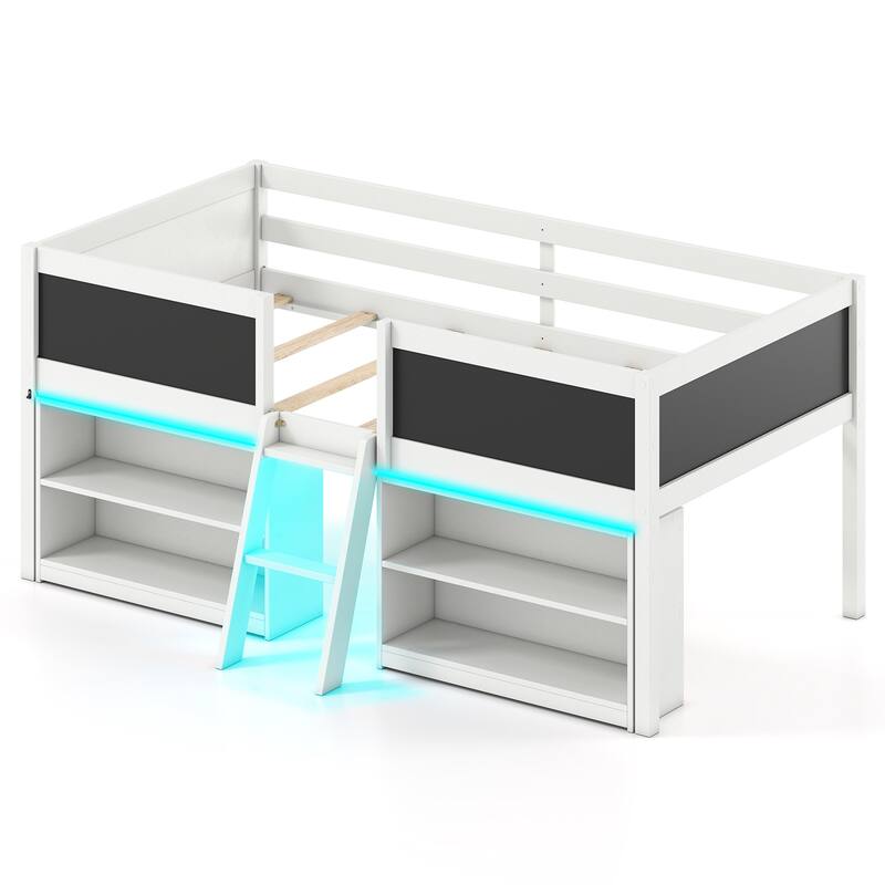 Twin Size Low Loft Bed with LED Lights and Storage Shelves Chalkboards Guardrails and Ladder
