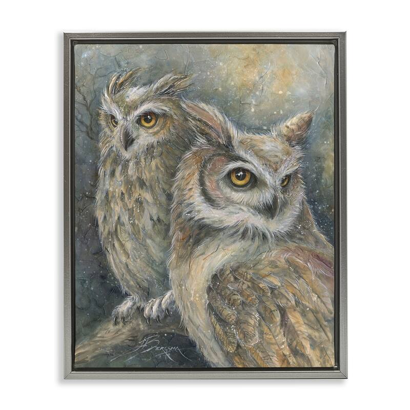 Stupell Neutral Feathered Owl Pair Framed Floater Canvas Wall Art Design By Jody Bergsma - 17 x 21 - Grey