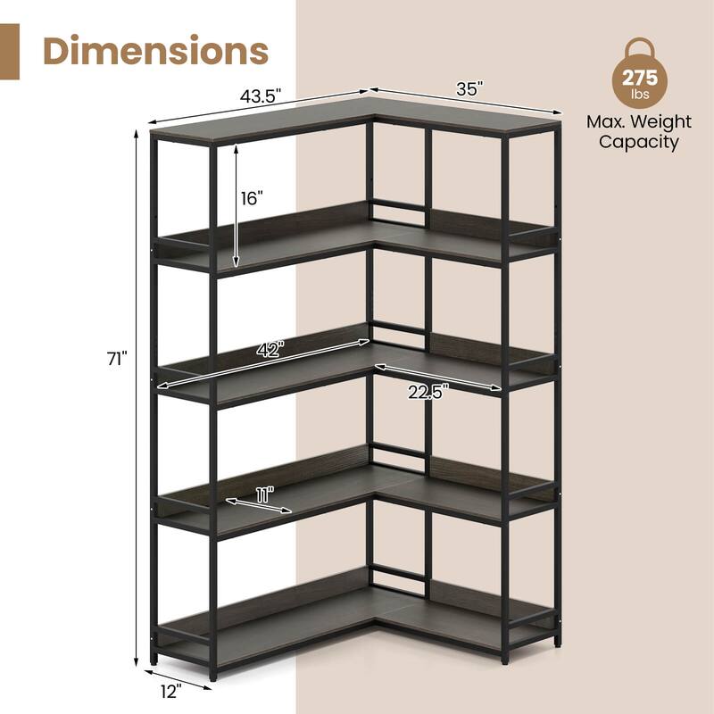 Costway Corner Bookshelf 5-Tier L-Shaped Bookcase 71" Tall Etagere - See Details