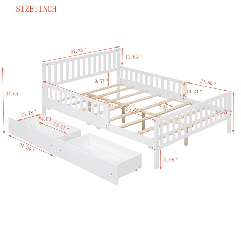 Wood Twin/Full Size Wood Platform Bed with Guardrails on Both Sides and Two Storage Drawers